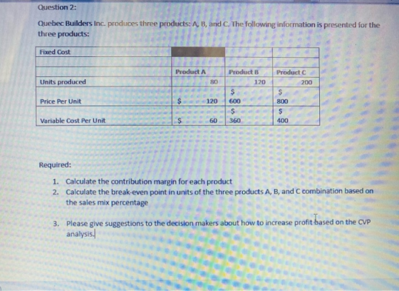 Question 2: Quebec Builders Inc. produces three products: A, B, and C. The following information is presented for the three p