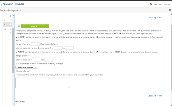 CENGAGE | MINDTAP Q Search this course Chapter 8 Assignment Check My Work 8. O 9. d eBook 10. O 11. O Fewer young people are
