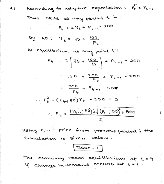 d) pe = P(-1 According to adaptive expectation: Thus SRAS at any period tin: .. PE = 2 YE+ Pt -,- 200 By AO: = 75 + 100 At