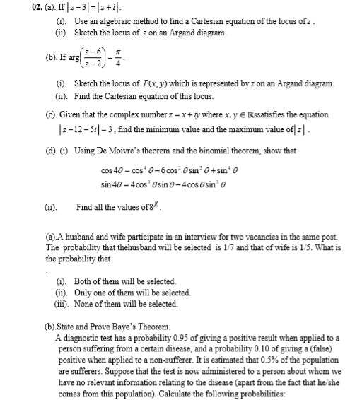 02. (2). If |2-3|=|z+il. (1). Use an algebraic method to find a Cartesian equation of the locus of 2 (11) Sketch the locus of
