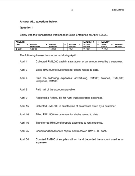 3 BBM205/03 Answer ALL questions below. Question 1 Below was the transactions worksheet of Selna Enterprise on April 1, 2020.