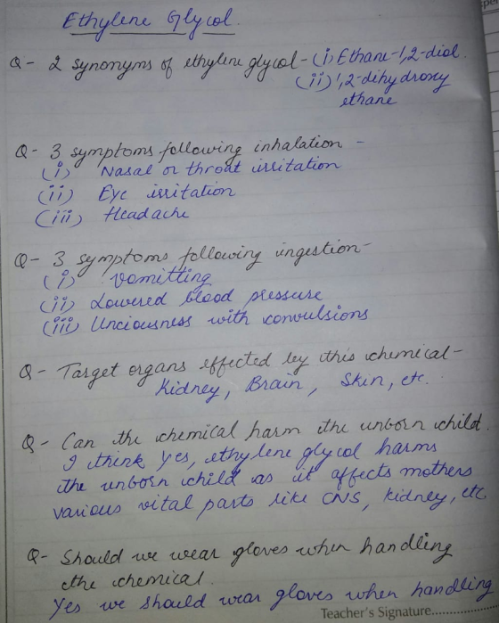 pe sthane -asamptomA.follou İnginha Ration (11) Eye initation iii ) Headache vanoup ngital porto人itu ONS, kidney ,etc. Should ux csear gloves vohn han o yes we 사ould won gloves when handling Teachers Signature..