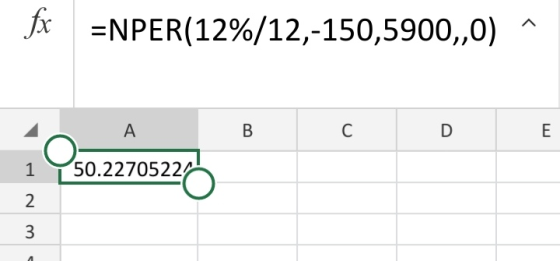 Jх =NPER(12%/12,-150,5900,0) • 4. А в с D E 50.2270522