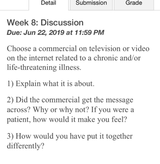 Grade Detail Submission Week 8: Discussion Due: Jun 22, 2019 at 11:59 PM Choose a commercial on television or video on the in