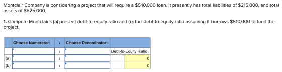 Montclair Company is considering a project that will require a $510,000 loan. It presently has total liabilities of $215,000,