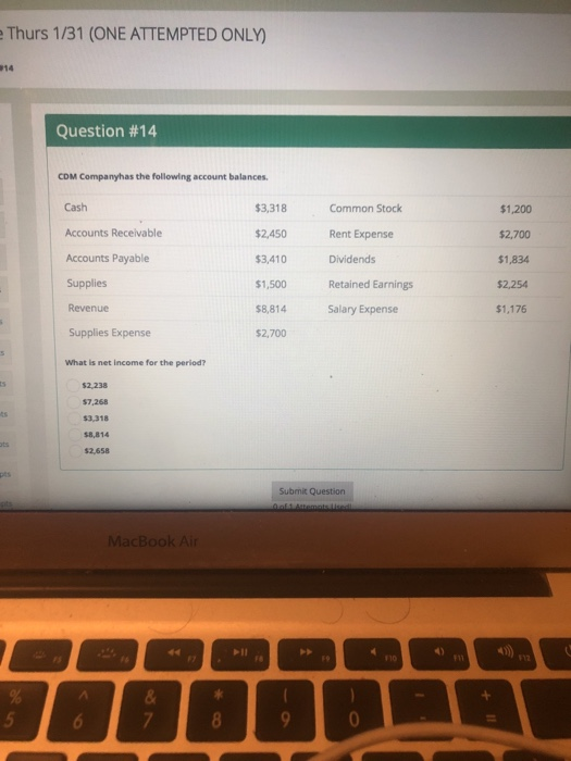 Thurs 1/31 (ONE ATTEMPTED ONLY) 14 Question #14 CDM Companyhas the following account balances Cash Accounts Receivable Accounts Payable Supplies Revenue Supplies Expense What is net income for the period? 3,318 $2,450 $3,410 $1,500 $8,814 $2,700 Common Stock Rent Expense Dividends Retained Earnings Salary Expense $1,200 $2,700 $1,834 $2,254 $1,176 $2,238 $7,268 $3,318 $8,814 $2,658 Submit Question MacBook Ai