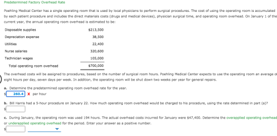 Predetermined Factory Overhead Rate Poehling Medical Center has a single operating room that is used by local physicians to p