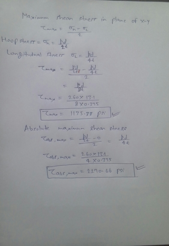 Maximum shear stress in plane of Xry Ima 2 Hoopstress = In = bd Longitudinal stress o ed 10 44 Tmax bule - ked at 2 Bd Tmax=