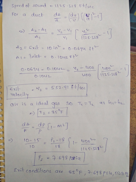 Speed ot sounds 32 EtIse For a duct dA--(dv) 2. lou2 telocity う 10-15-P2-18S1- レフ uoo 1 o Zxit condilions are 698 Psia, SS21 FL