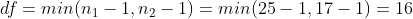 df = min(n1-1.112-1) = mìn(25-1, 17-1) 16