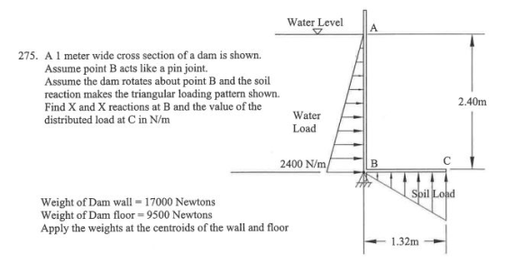 Water Level 275. A 1 meter wide cross section of a dam is shown Assume point B acts like a pin joint. Assume the dam rotates about point B and the soil reaction makes the triangular loading pattern shown Find X and X reactions at B and the value of the distributed load at C in N/m 2.40m Water Load 2400 N/m/-- Spil Load Weight of Dam wall 17000 Newtons Weight of Dam floor 9500 Newtons Apply the weights at the centroids of the wall and floor 1.32m