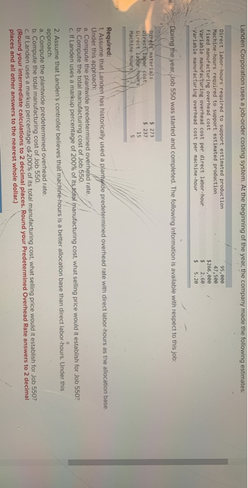 Landen Corporation uses a job-order costing system. At the beginning of the year, the company made the following estimates: 9