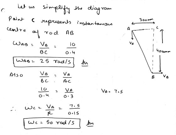 Let us the diagran C simplify represents Point 3oomm instantaneous centre A of rod AB WAB = VB VA BC hoamm 0.4 WAB 25 radls s