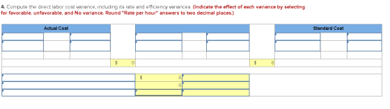 4. Compute the direct labor cost variance, including its rate and efficiency variances. (Indicate the effect of each variance