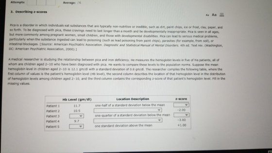 Attempts: Average: /6 3. Describing z-scores Aa Aa Pica is a disorder in which individuals eat substances that are typically