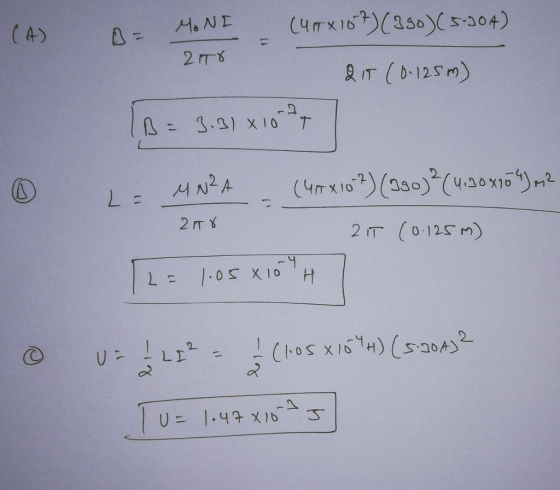 (A) B- MONE - (4x167) (390) (5.504) 2 ITO & IT (0.125m) IB= 3.3) × 10 + 7 ® La MNZA (497x10-2)(290)?(4.20x104) m2 2T8 2 IT (0