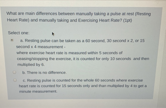 What are main differences between manually taking a pulse at rest (Resting Heart Rate) and manually taking and Exercising Hea