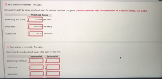 x Your answer is incorrect. Try again. Compute the activity-based overhead rates for each of the three cost pools. (Round ove
