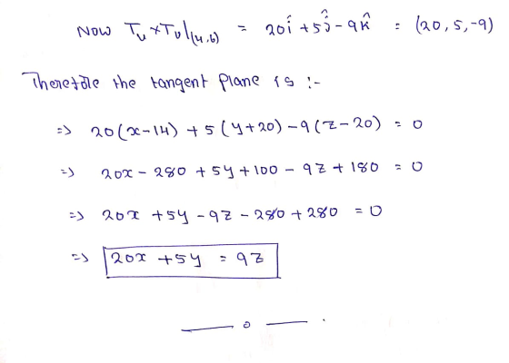 Now Tuxtoluo = 20i tso-ari : (20,5,-9) Therefore the tangent Plane is :- => 2013-14) +5(4+20) -917-20) =0 =) 20% - 280 +54 +1