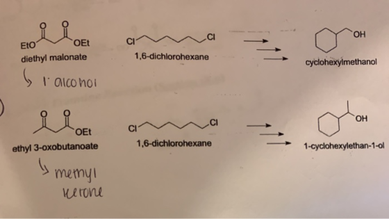 CI OH Eto OEt diethyl malonate 1,6-dichlorohexane cyclohexylmethanol b r alcohol OH OEt ethyl 3-oxobutanoate 1,6-dichlorohexa