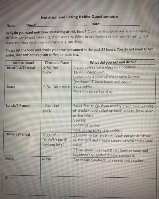 Nutrition and Eating Habits Questionnaire Name: Date: Why do you want nutrition counseling at this time? I am at the same age