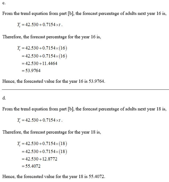 From the trend equation from part [b], the forecast percentage of adults next year 16 is, Y = 42.530 +0.7154xt. Therefore, th