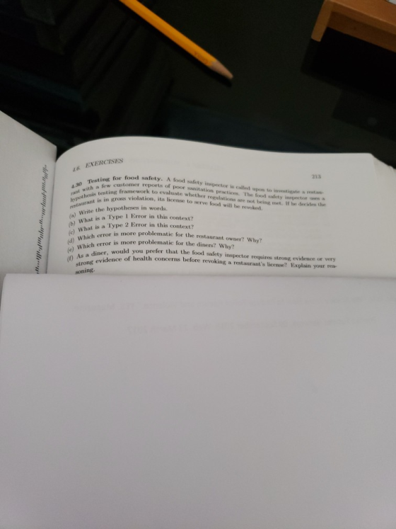 16 EXERCISES 1.30 Testing hepourant is in g for food safety. A food safety inspeetor is ealled upon to inwestigate s retau- 2