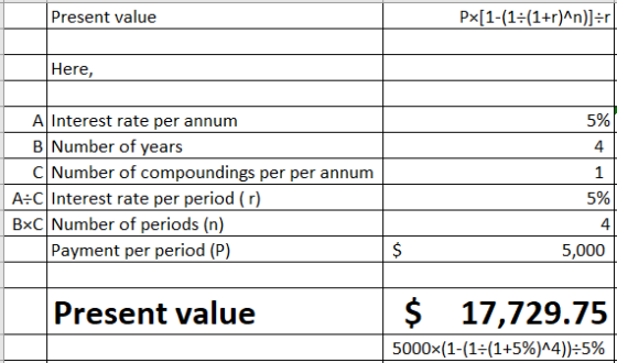 Present value Px[1-(1=(1+r)^n)]=r Here, 5% A Interest rate per annum B Number of years C Number of compoundings per per annum