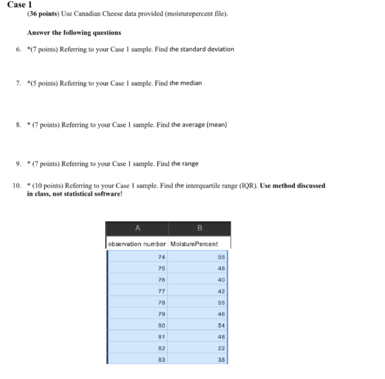 Case 1 (36 points) Use Canadian Cheese data provided (moisturepercent file). Answer the following questions 6. *(7 points) Re