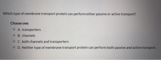 Which type of membrane transport protein can perform either passive or active transport? Choose one: A. transporters B. chann
