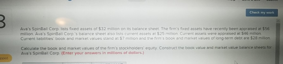Check my work Avas SpinBall Corp. lists fixed assets of $32 million on its balance sheet. The firms fixed assets have recently been appraised at $56 million. Avas SpinBall Corp.s balance sheet also lists current assets at $25 million. Current assets were appraised at $46 million. Current liabilities book and market values stand at $7 million and the firms book and market values of long-term debt are $28 million Calculate the book and market values of the firms stockholders equity. Construct the book value and market value balance sheets for Avas SpinBall Corp. (Enter your answers in millions of dollars.) pped