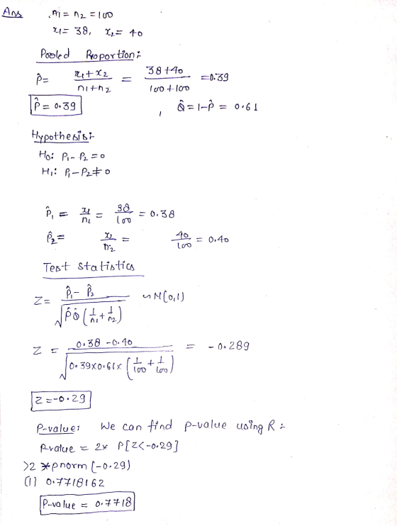 Ans m1 = 12 = 100 44= 38, x₂ = 40 Pooled Rroportion; net x2 P- 38 440 =0.39 nitha Ivo A100 Ô = 1 Ô = 0.61 P = 0.39 Hypothesis