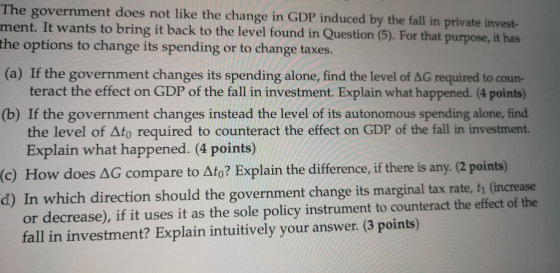 The government does not like the change in GDP induced by the fall in private invest- ment. It wants to bring it back to the
