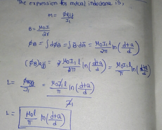The expression for mutual inductance is, M= dess pe=sdøe = JB da = 40 I (dta) (paya lay line hee) - Motif - Page - Note 10 (d