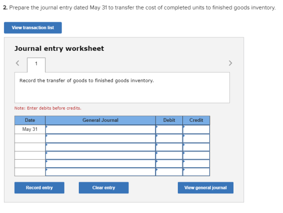 2. Prepare the journal entry dated May 31 to transfer the cost of completed units to finished goods inventory. View transacti