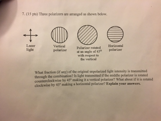 7. (15 pts) Three polarizers are arranged as shown below. Laser Vertical rotated Horizontal polarizer Polarizer of 45 polarizer at an angle light with respect to the vertical fraction (if any) of the original unpolarized light intensity is transmitted through the combination? Is light transmitted if the middle polarizer is rotated counterclockwise by 4 making it polarizer? What about if it is rotated clockwise by 450 making a horizontal polarizer? Explain your answers