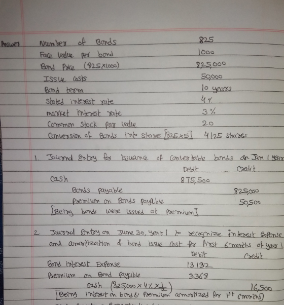 82S o00 Face valueers bond soos 5oo0o o yeaxs and tesm Sates ineest ale anket erest ate Comman Stock Par Value 32 Deat 815,Soo Cash Conds payable prermivun on Bonds pasdhe So Sos bonds wese issted at peminnd amd amost ebit 13 132 3363 16