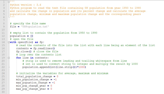 !יים loco VoWNE Python version: 3.6 Python program to read the text file containing US population from year 1950 to 1990 and