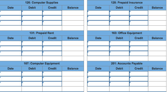 126: Computer Supplies 128: Prepaid Insurance Credit Date Debit Credit Balance Date Debit Balance 131: Prepaid Rent Debit 163: Office Equipment Credit Date Credit Balance Date Debit Balance 167: Computer Equipment 201: Accounts Payable Credit Date Debit Credit Balance Date Debit Balance