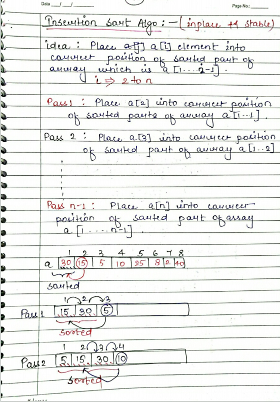 Date Page No.: Insertion saut Algo :-(inplace th Stable) idea: Place a ligj alij element into canneet position of sauted part