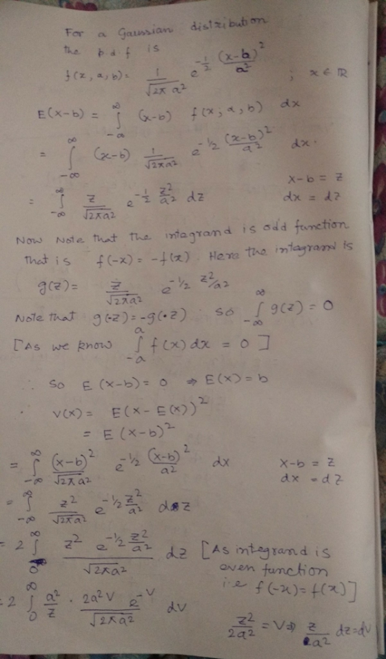 For a Gaussian, dist 리 bubon the df i s (2-b) xal d z Nste tuut the intagramd is add function. i S Note that g 2)2) s9)O As we knmo O. ra E (x-b)2 = a 2 de Cas oven funchon fx)- f(x) 242