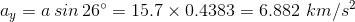 a,, = a sin 26 = 15.7 × 0.4383 = 6.882 km/s2