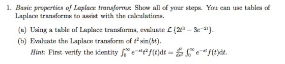 1. Basic properties of Laplace transforms: Show all of your steps. You can use tables of Laplace transforms to assist with th