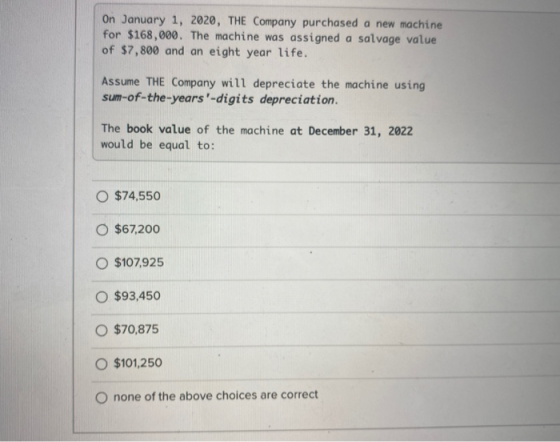 On January 1, 2020, THE Company purchased a new machine for $168,000. The machine was assigned a salvage value of $7,800 and