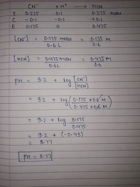 - I IC LE CN 0.275 -0.1 0.1750 +H+ ool -0.1 meles. HON. 0.375 +0.1 0.475 . LEN-] = 0.175 meles 0.6L = 0.175M 0.6 [HENI = - 0.