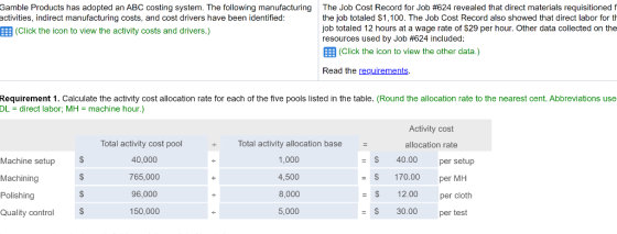 Gamble Products has adopted an ABC costing system. The following manufacturing The Job Cost Record for Job #624 revealed that