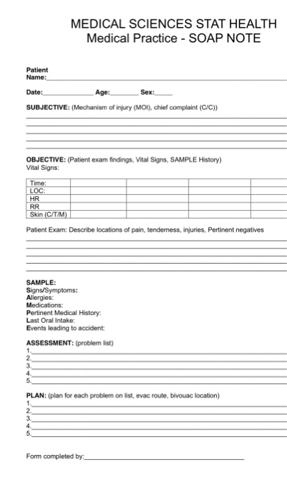 MEDICAL SCIENCES STAT HEALTH Medical Practice - SOAP NOTE Patient Name: Date: Age: Sex: SUBJECTIVE: (Mechanism of injury (MOI