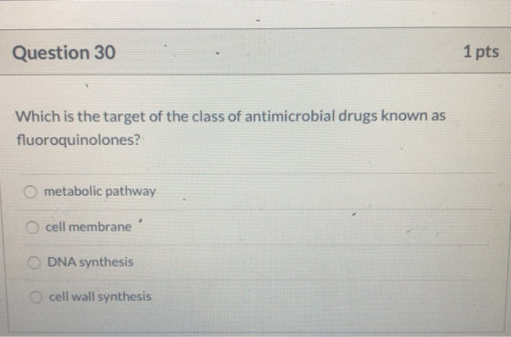Question 30 1 pts Which is the target of the class of antimicrobial drugs known as fluoroquinolones? metabolic pathway cell m