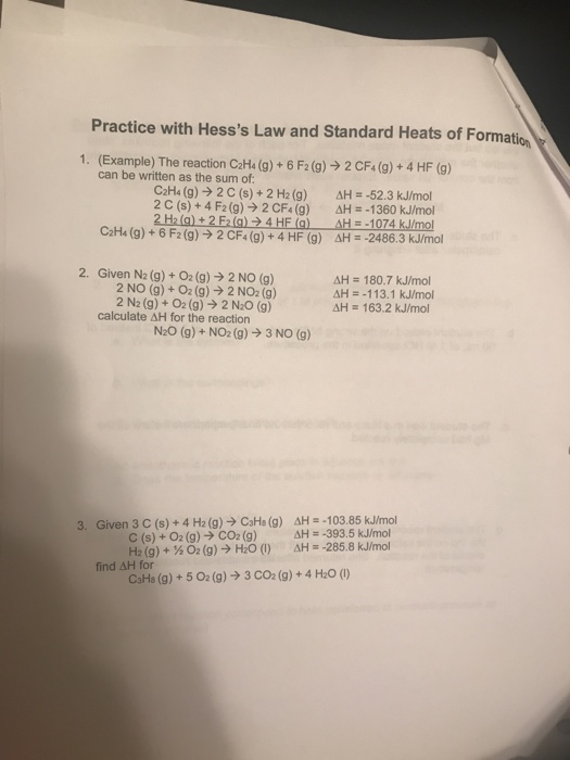 Practice with Hesss Law and Standard Heats of Formation 1. (Example) The reaction C2H4 (g) + 6 F2 (g) → 2 CF4(g) + 4 HF (g)