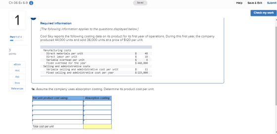 Ch 06 Ex 6-9 A Saved Help Save & Exit Submit Check my work Required information [The following information applies to the que